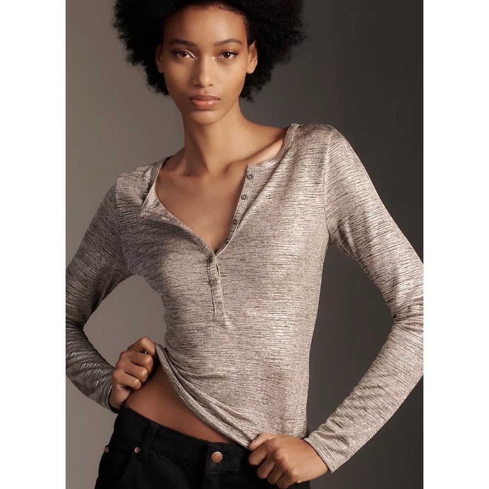 Pilcro‎ Anthropologie Andie Henley Long Sleeve Top Shine Edition Size XL